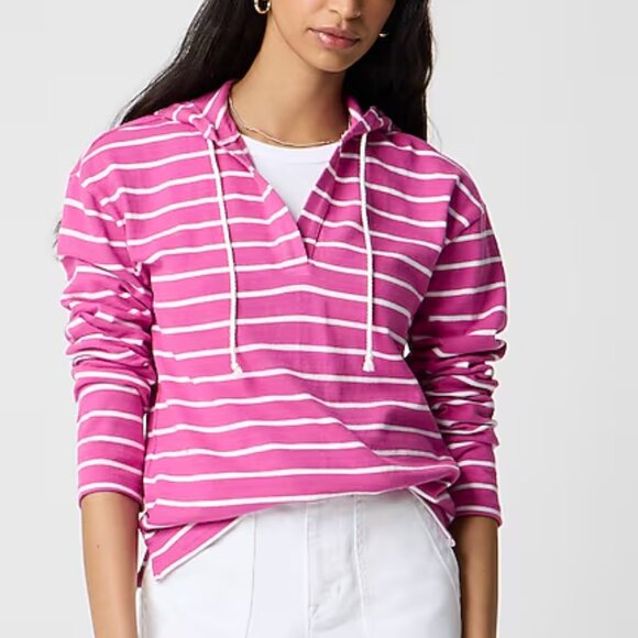 J. Crew Striped V-Neck Loose Fit Cotton Hoodie White Navy Size S NWT - Picture 2 of 6